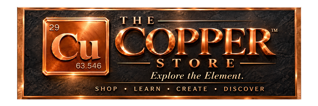 A rectangular promotional banner for 'The Copper Store' featuring a metallic copper periodic table element symbol 'Cu' and the text 'Explore the Element.' on a dark textured background with copper-gold lettering.